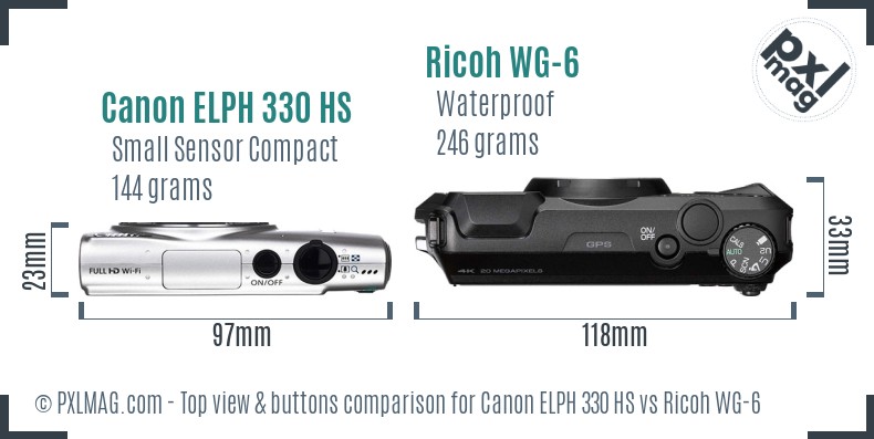 Canon ELPH 330 HS vs Ricoh WG-6 top view buttons comparison
