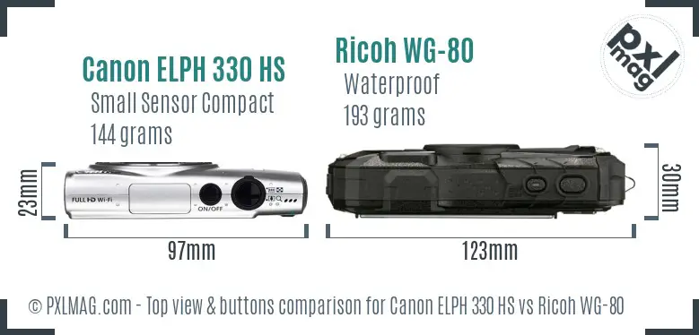 Canon ELPH 330 HS vs Ricoh WG-80 top view buttons comparison