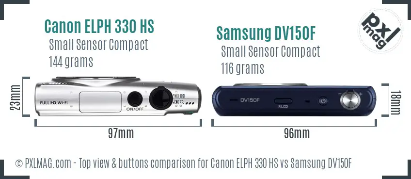 Canon ELPH 330 HS vs Samsung DV150F top view buttons comparison