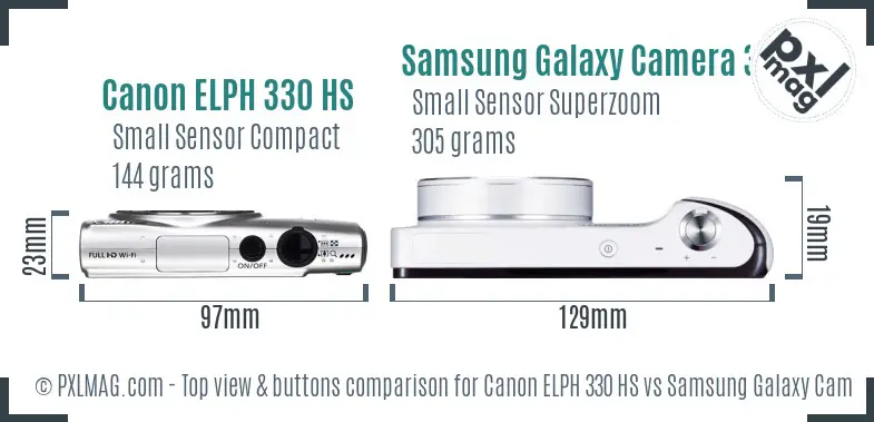 Canon ELPH 330 HS vs Samsung Galaxy Camera 3G top view buttons comparison Canon ELPH 330 HS vs Samsung Galaxy Camera 3G top view buttons comparison