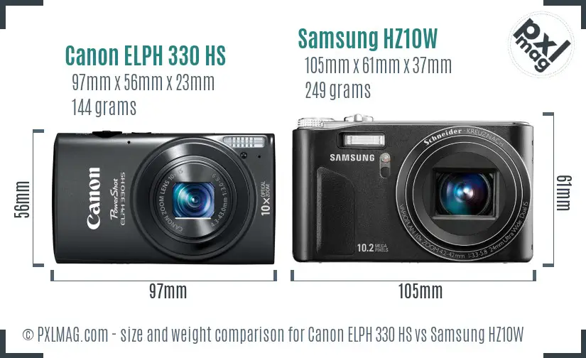 Canon ELPH 330 HS vs Samsung HZ10W size comparison