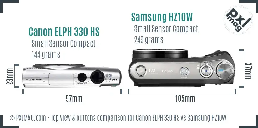 Canon ELPH 330 HS vs Samsung HZ10W top view buttons comparison