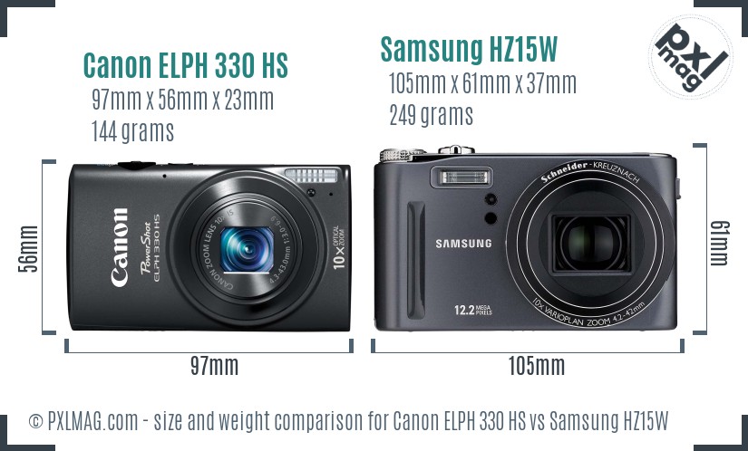Canon ELPH 330 HS vs Samsung HZ15W size comparison
