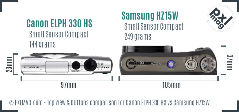 Canon ELPH 330 HS vs Samsung HZ15W top view buttons comparison