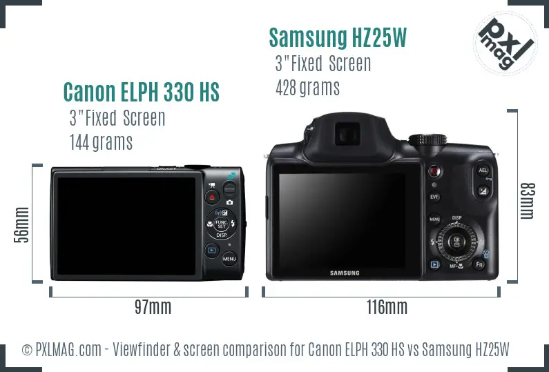 Canon ELPH 330 HS vs Samsung HZ25W Screen and Viewfinder comparison