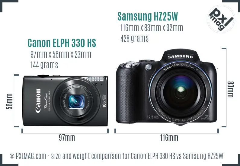 Canon ELPH 330 HS vs Samsung HZ25W size comparison