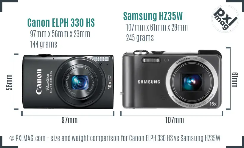 Canon ELPH 330 HS vs Samsung HZ35W size comparison
