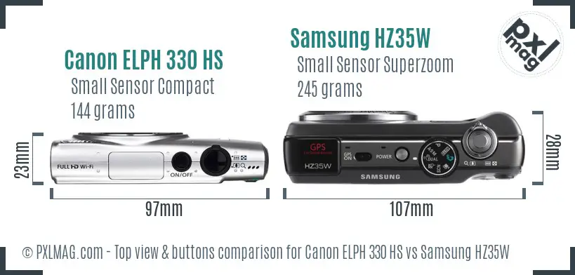Canon ELPH 330 HS vs Samsung HZ35W top view buttons comparison