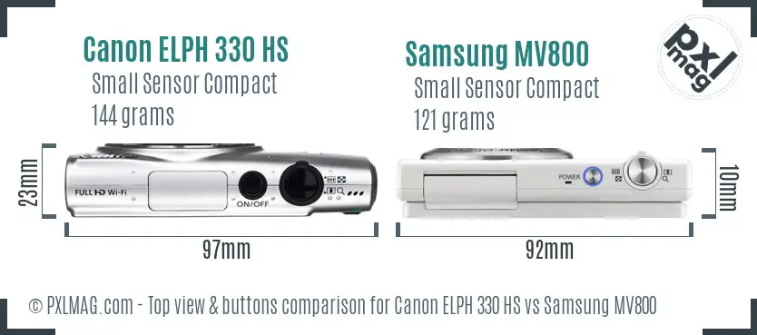 Canon ELPH 330 HS vs Samsung MV800 top view buttons comparison Canon ELPH 330 HS vs Samsung MV800 top view buttons comparison