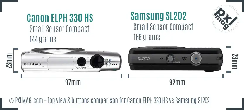 Canon ELPH 330 HS vs Samsung SL202 top view buttons comparison Canon ELPH 330 HS vs Samsung SL202 top view buttons comparison