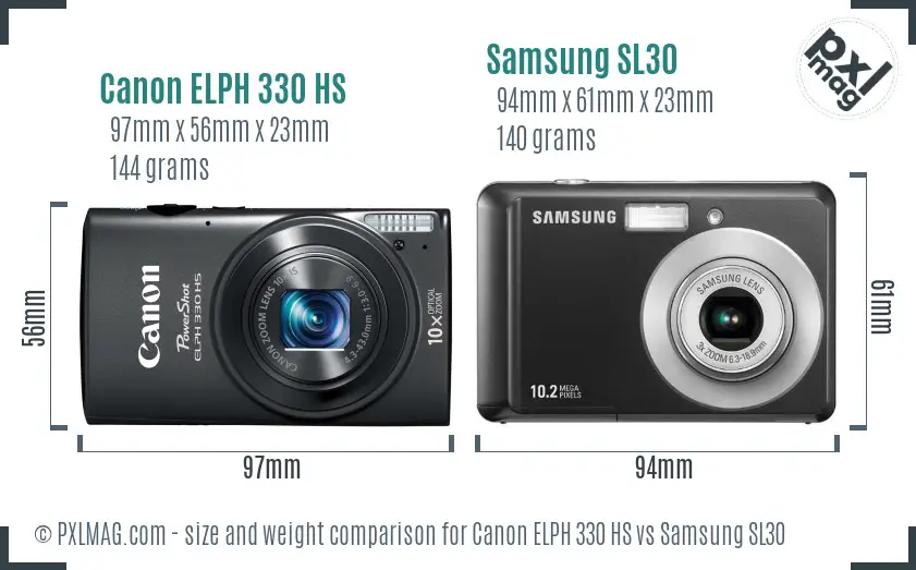 Canon ELPH 330 HS vs Samsung SL30 size comparison