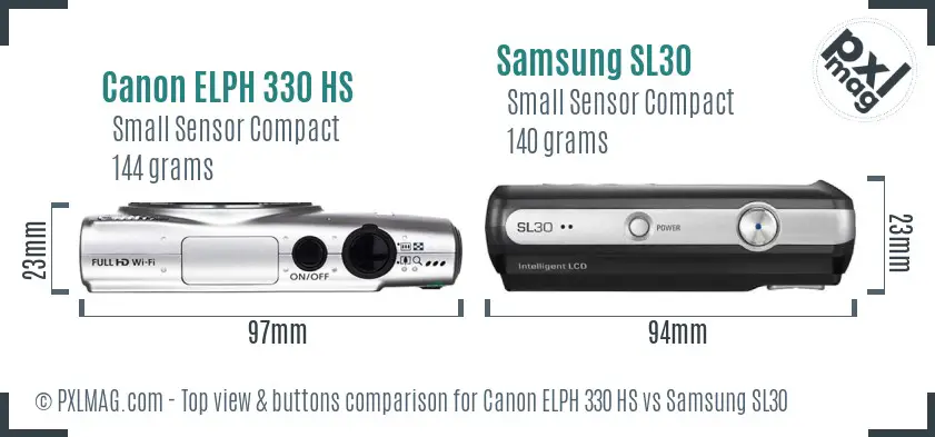Canon ELPH 330 HS vs Samsung SL30 top view buttons comparison