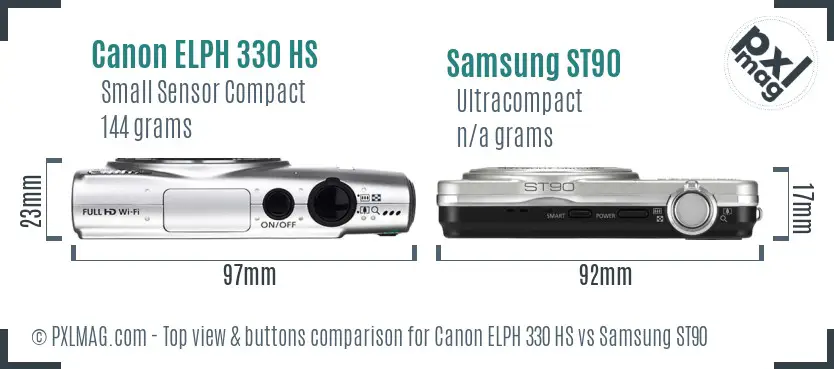 Canon ELPH 330 HS vs Samsung ST90 top view buttons comparison