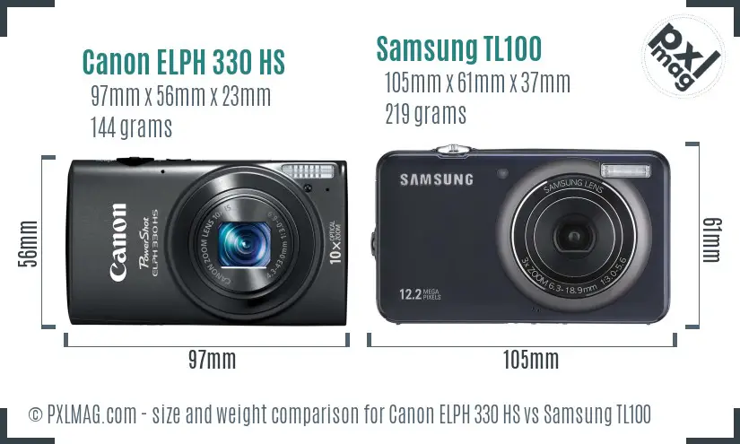 Canon ELPH 330 HS vs Samsung TL100 size comparison