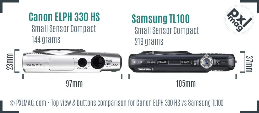 Canon ELPH 330 HS vs Samsung TL100 top view buttons comparison