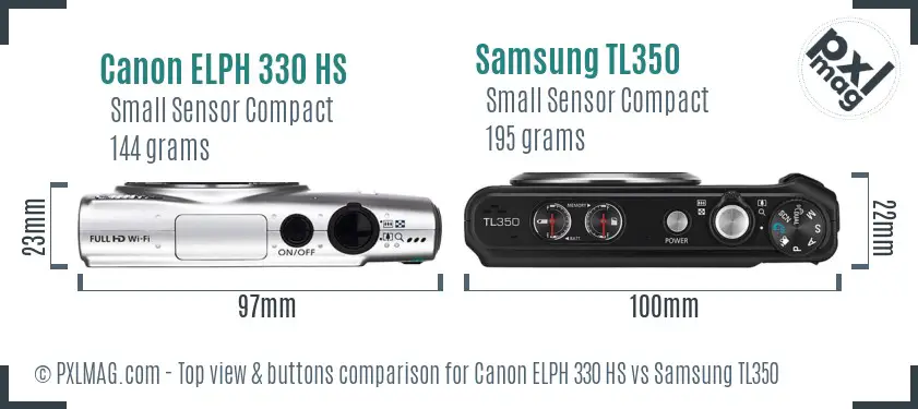 Canon ELPH 330 HS vs Samsung TL350 top view buttons comparison