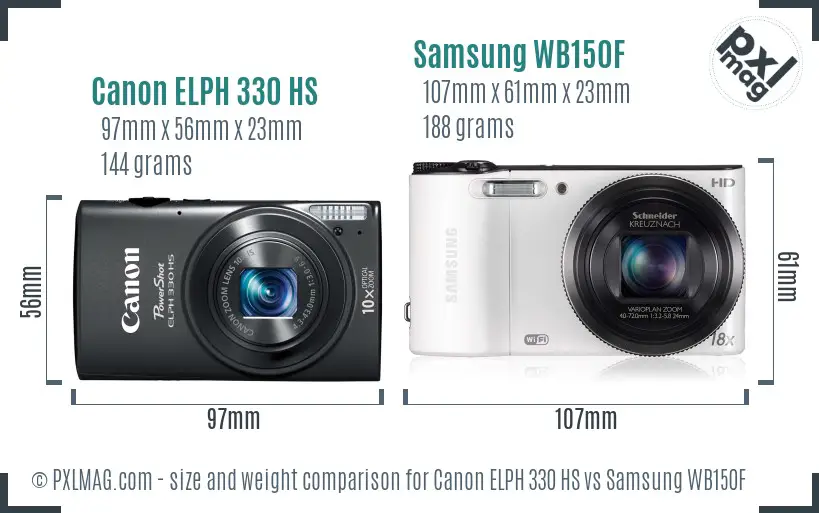 Canon ELPH 330 HS vs Samsung WB150F size comparison