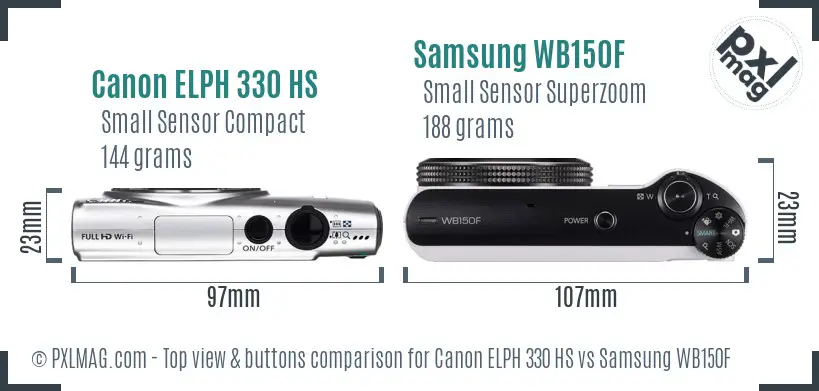 Canon ELPH 330 HS vs Samsung WB150F top view buttons comparison