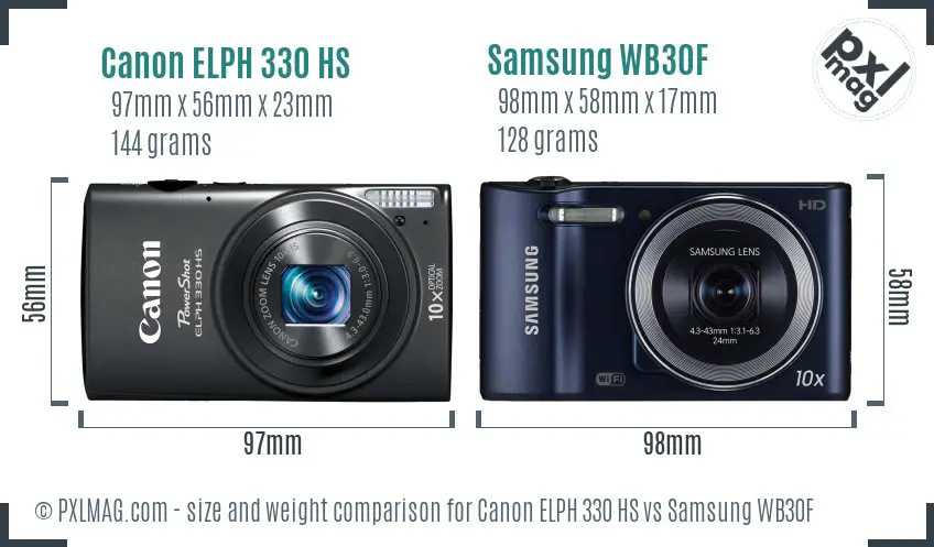 Canon ELPH 330 HS vs Samsung WB30F size comparison