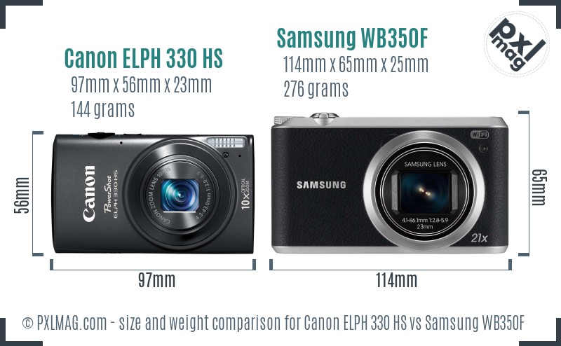 Canon ELPH 330 HS vs Samsung WB350F size comparison