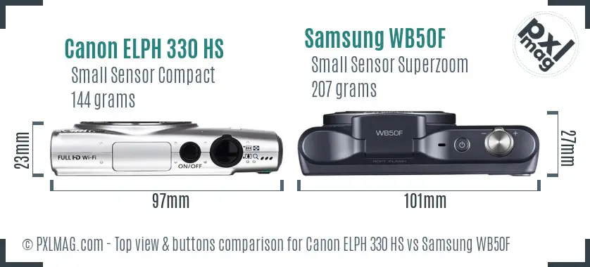 Canon ELPH 330 HS vs Samsung WB50F top view buttons comparison