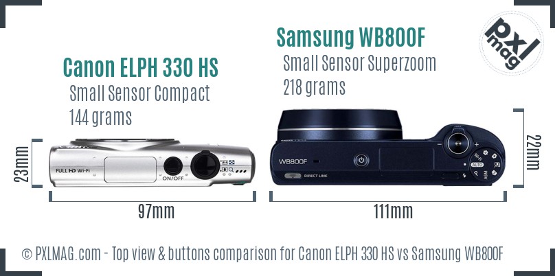 Canon ELPH 330 HS vs Samsung WB800F top view buttons comparison
