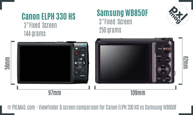 Canon ELPH 330 HS vs Samsung WB850F Screen and Viewfinder comparison