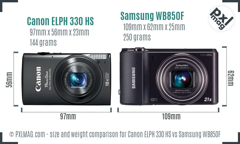 Canon ELPH 330 HS vs Samsung WB850F size comparison