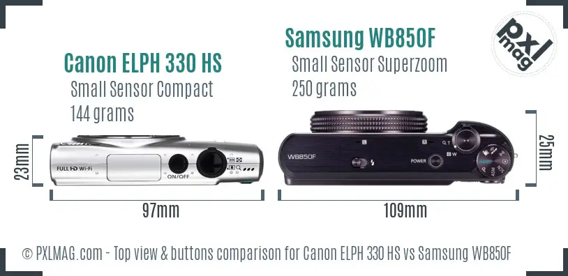 Canon ELPH 330 HS vs Samsung WB850F top view buttons comparison