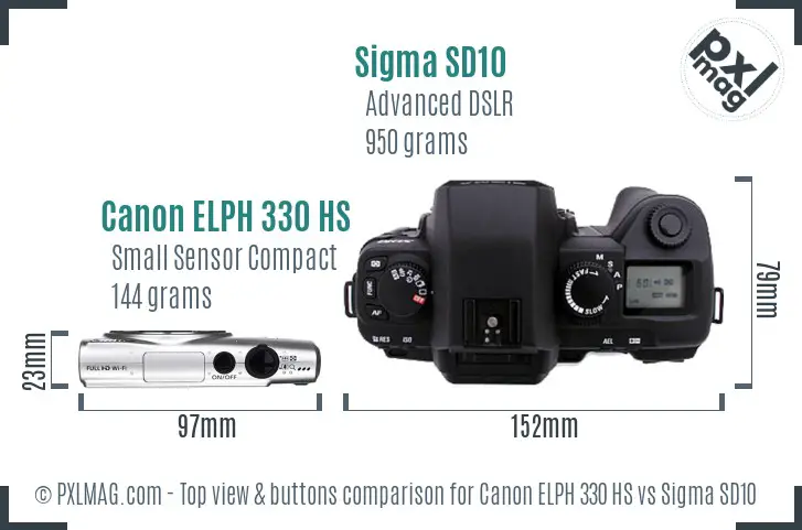 Canon ELPH 330 HS vs Sigma SD10 top view buttons comparison