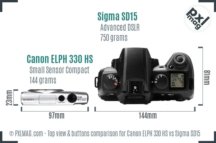 Canon ELPH 330 HS vs Sigma SD15 top view buttons comparison