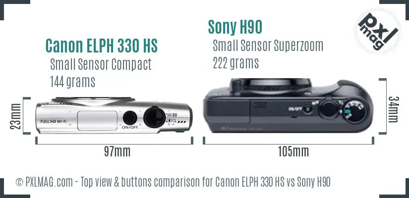Canon ELPH 330 HS vs Sony H90 top view buttons comparison Canon ELPH 330 HS vs Sony H90 top view buttons comparison