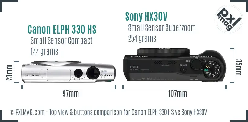 Canon ELPH 330 HS vs Sony HX30V top view buttons comparison Canon ELPH 330 HS vs Sony HX30V top view buttons comparison