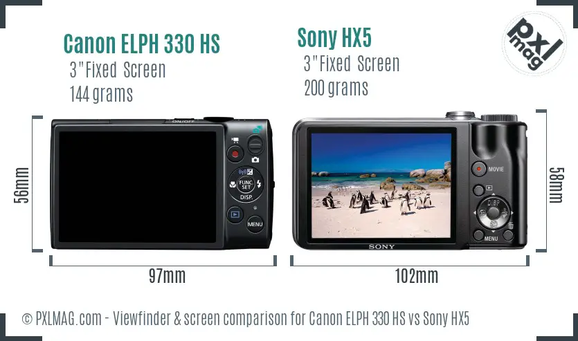 Canon ELPH 330 HS vs Sony HX5 Screen and Viewfinder comparison