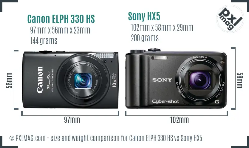 Canon ELPH 330 HS vs Sony HX5 size comparison