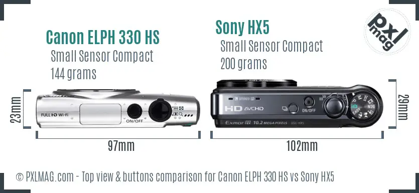 Canon ELPH 330 HS vs Sony HX5 top view buttons comparison