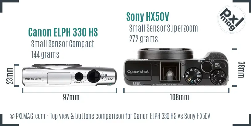 Canon ELPH 330 HS vs Sony HX50V top view buttons comparison