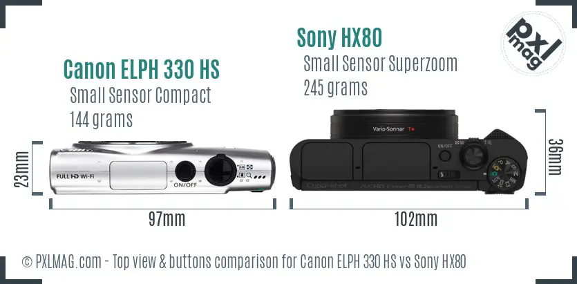 Canon ELPH 330 HS vs Sony HX80 top view buttons comparison