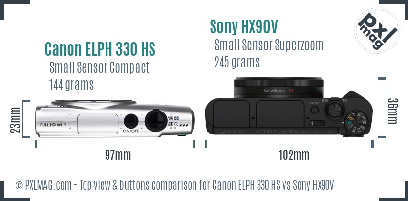 Canon ELPH 330 HS vs Sony HX90V top view buttons comparison