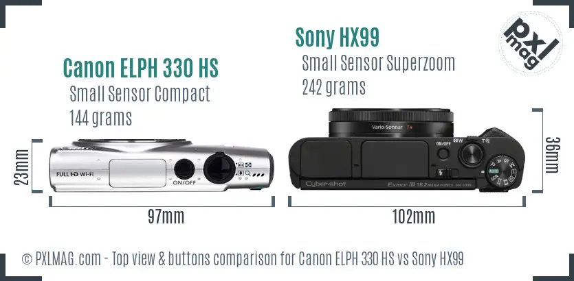 Canon ELPH 330 HS vs Sony HX99 top view buttons comparison