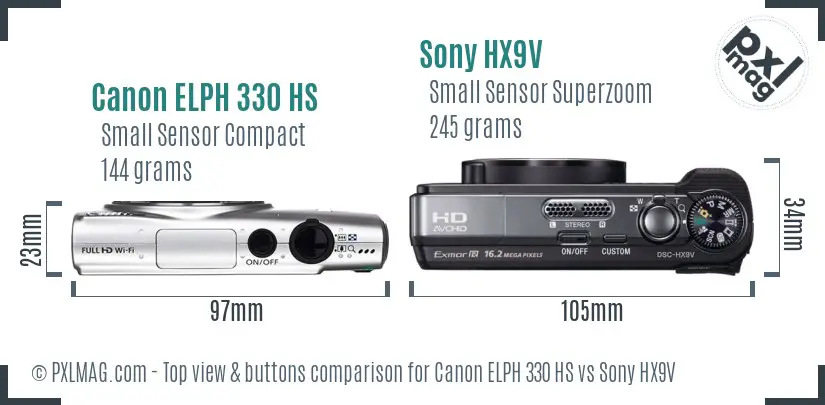 Canon ELPH 330 HS vs Sony HX9V top view buttons comparison