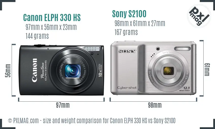 Canon ELPH 330 HS vs Sony S2100 size comparison