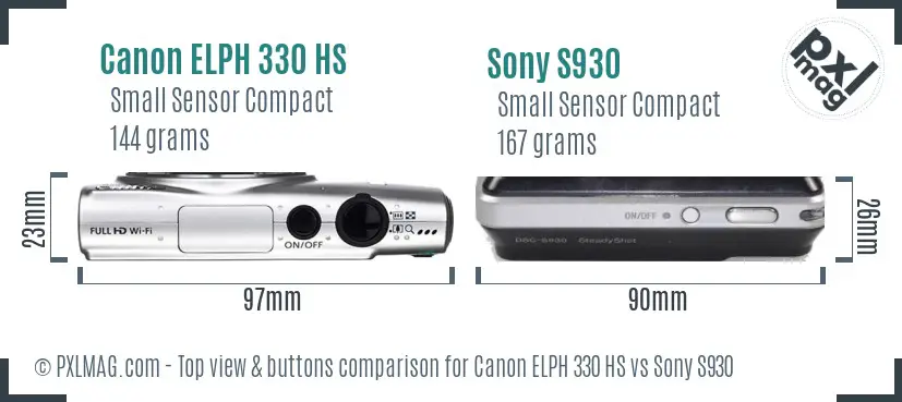 Canon ELPH 330 HS vs Sony S930 top view buttons comparison