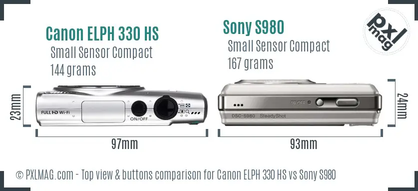 Canon ELPH 330 HS vs Sony S980 top view buttons comparison