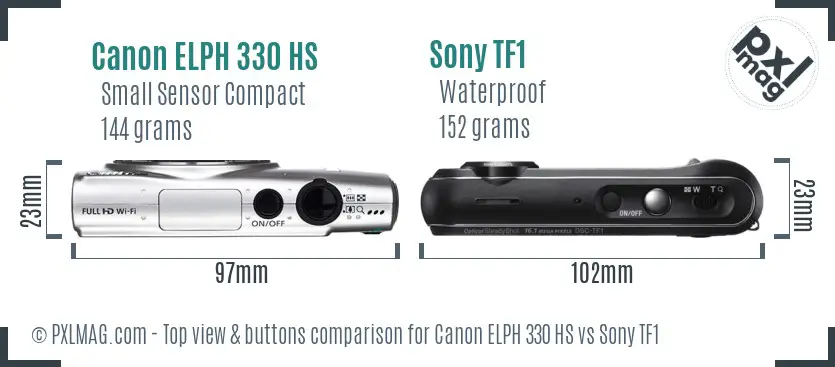 Canon ELPH 330 HS vs Sony TF1 top view buttons comparison