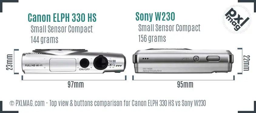 Canon ELPH 330 HS vs Sony W230 top view buttons comparison Canon ELPH 330 HS vs Sony W230 top view buttons comparison