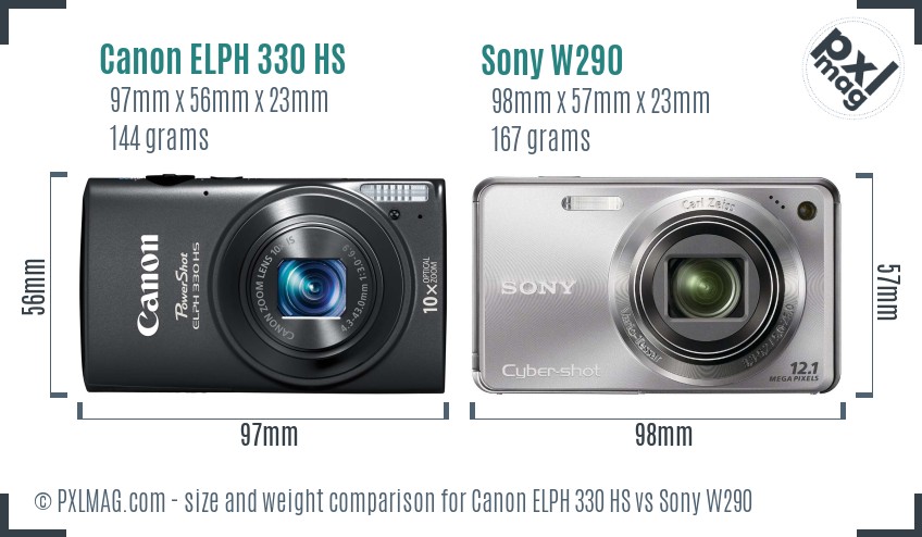 Canon ELPH 330 HS vs Sony W290 size comparison