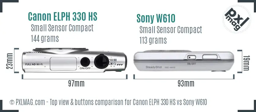 Canon ELPH 330 HS vs Sony W610 top view buttons comparison Canon ELPH 330 HS vs Sony W610 top view buttons comparison