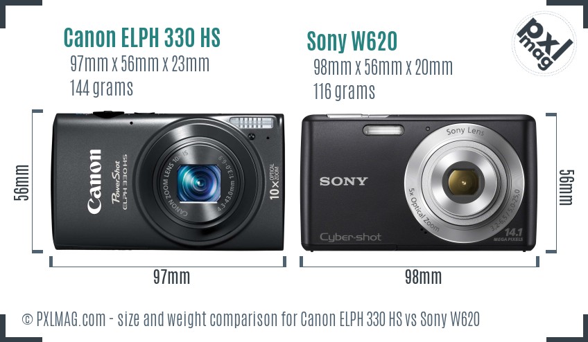 Canon ELPH 330 HS vs Sony W620 size comparison
