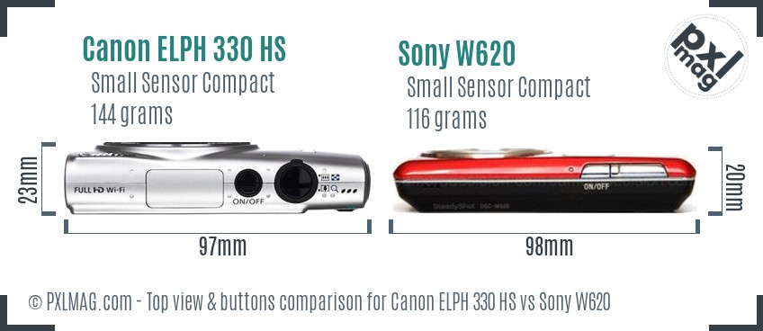 Canon ELPH 330 HS vs Sony W620 top view buttons comparison
